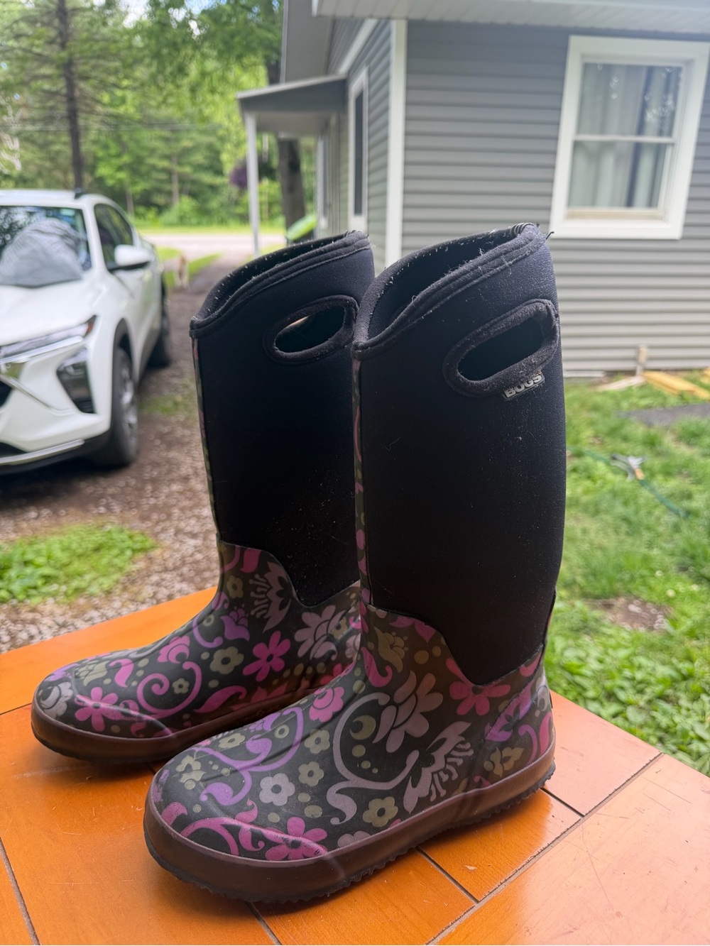 Women’s Bogs Black Purple Floral Neoprene Rain Boots